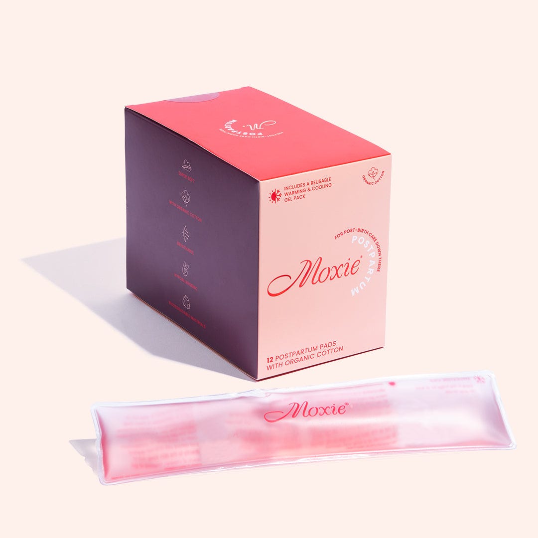 Moxie Postpartum pads 12pk with a reusable warming/cooling gel pack