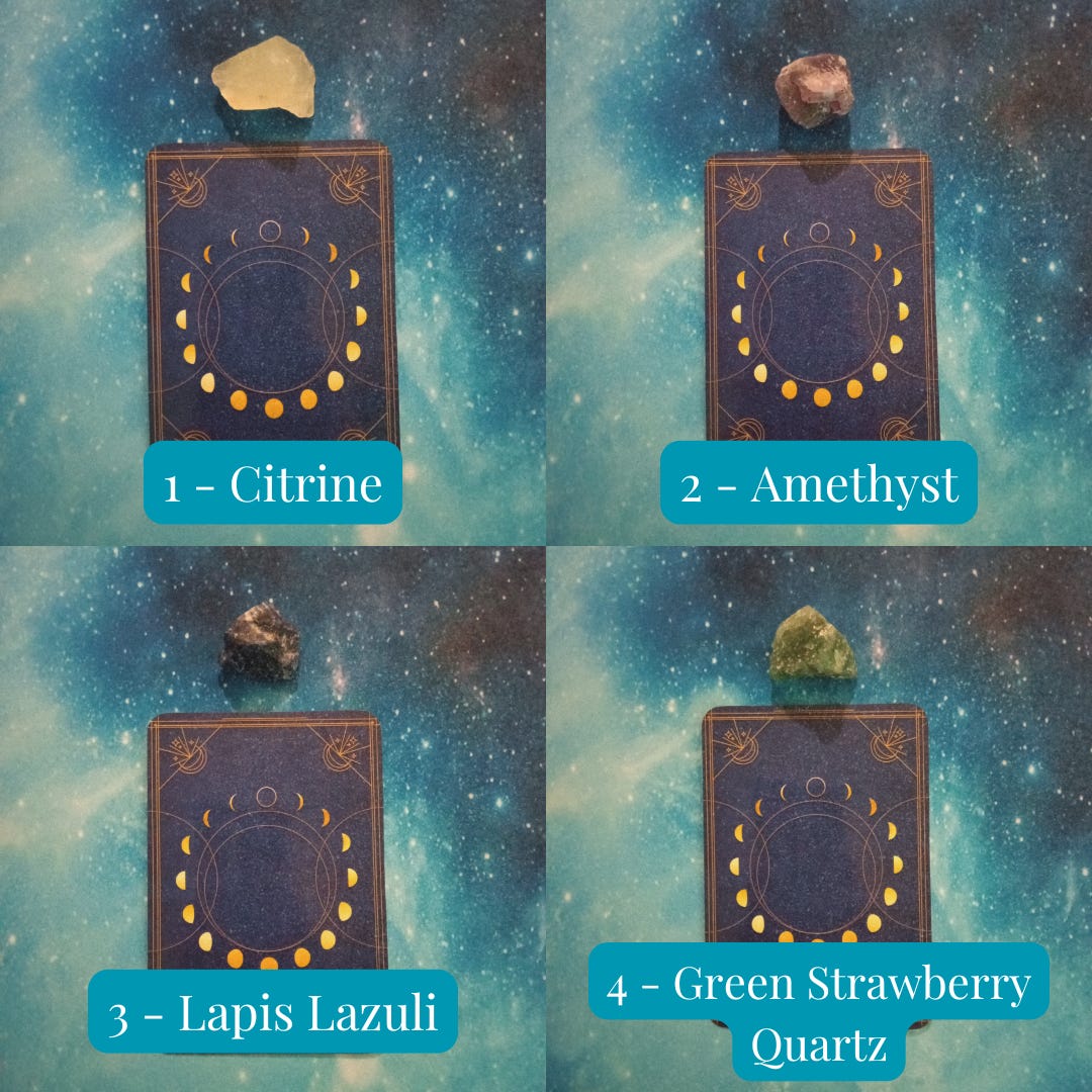 1 Citrine (yellow), 2 Amethyst (purple), 3 Lapis Lazuli (dark blue), 4 Green Strawberry Quartz