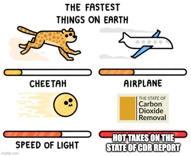 "The fastest things on Earth" chart with speed bars for a cheetah, an airplane and the speed of light, then the State of Carbon Dioxide Removal report cover, whose bar is fullest, labelled "Hot takes on the State of CDR report."