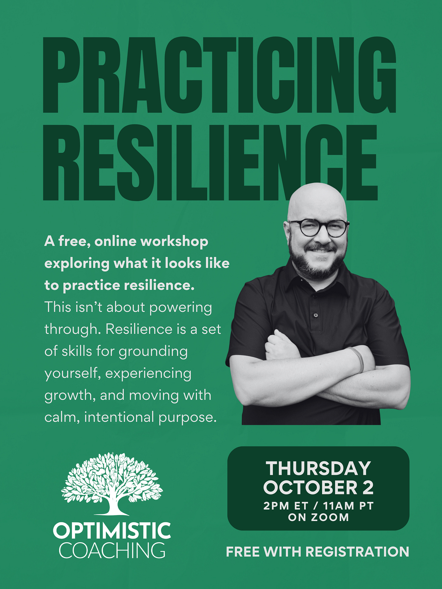 Poster for a free online workshop called Practicing Resilience. Thursday, October 2 at 2pm ET.