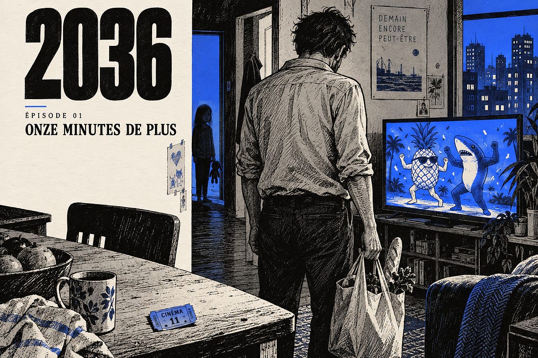 2036, épisode 1 : un père devant un écran dans un appartement, illustration noire et bleue.