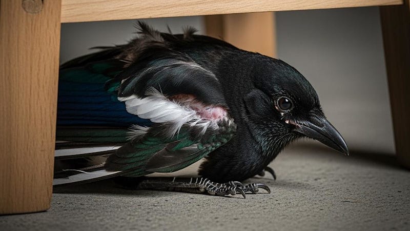 An injured magpie cowering under a stool