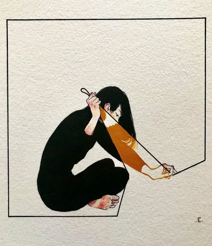 This may contain: a drawing of a woman sitting on the ground with an umbrella in her hand,