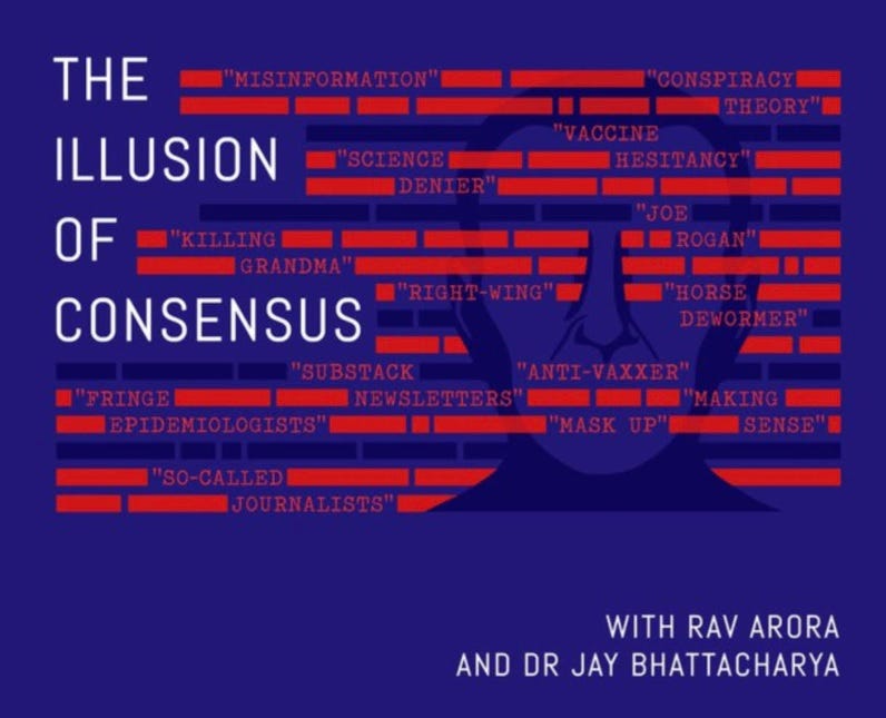 logo for the "illusion of consensus" podcast featuring a red white and blue layout inspired by the American flag and censorship bars