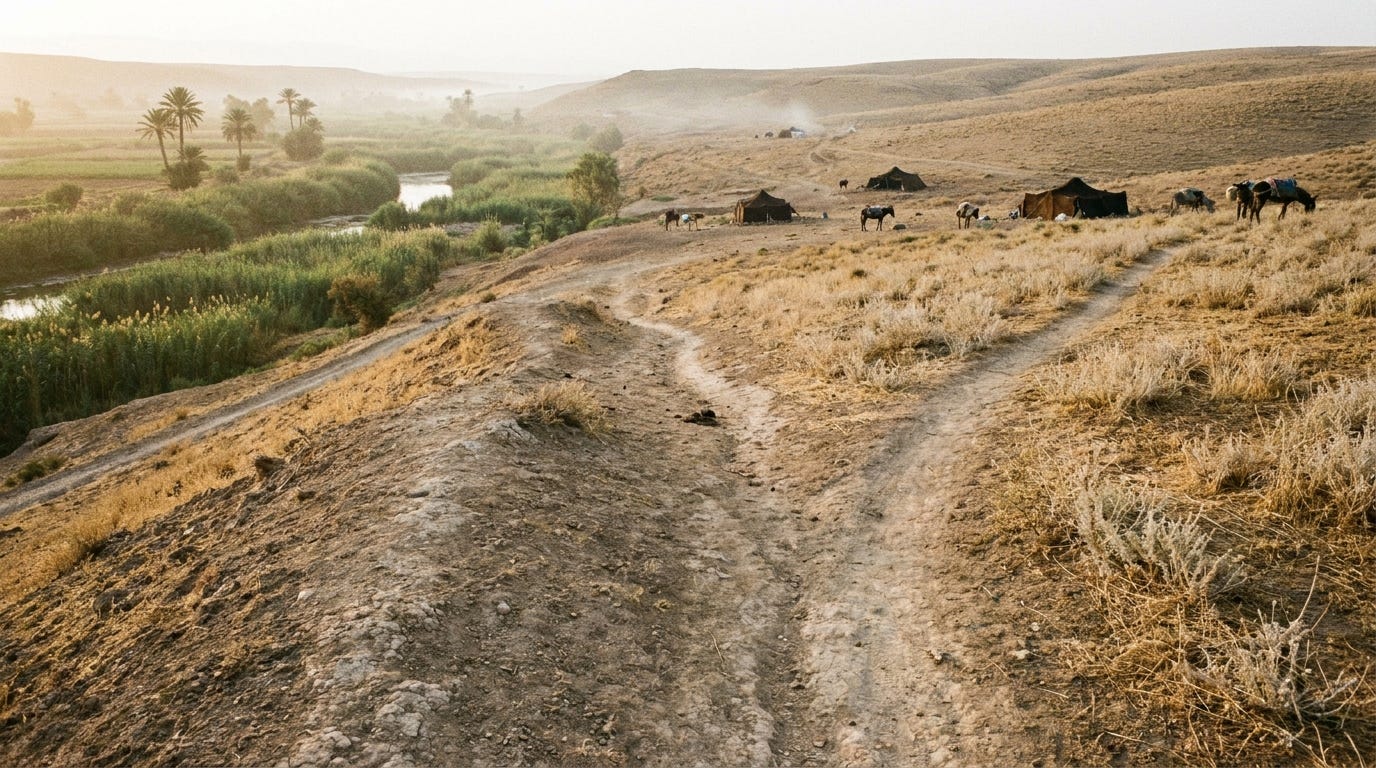 A wide Bronze Age landscape at golden morning light seen from a low ridge, a dusty track forking into two: one branch dropping toward a green well-watered river valley with reed beds and distant palms on the right, the other climbing into dry pale highland scrub on the left, a scatter of tents and laden donkeys small in the middle distance, warm clear light, no people close enough to see, no faces, no text A wide Bronze Age landscape at golden morning light seen from a low ridge, a dusty track forking into two: one branch dropping toward a green well-watered river valley with reed beds and distant palms on the right, the other climbing into dry pale highland scrub on the left, a scatter of tents and laden donkeys small in the middle distance, warm clear light, no people close enough to see, no faces, no text