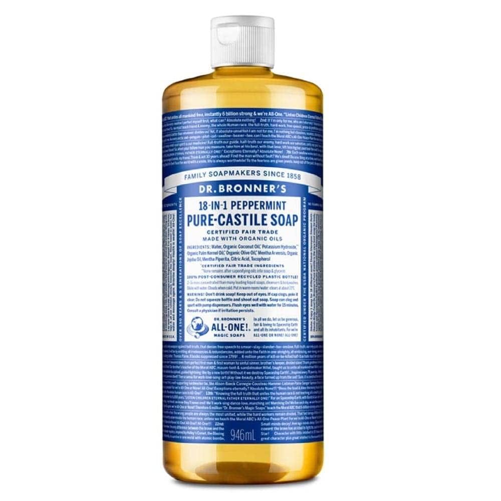 Amazon.com : Dr. Bronner's - Pure-Castile Liquid Soap (Peppermint, 32  ounce) - Made with Organic Oils, 18-in-1 Uses: Face, Body, Hair, Laundry,  Pets and Dishes, Concentrated, Vegan, Non-GMO : Camping Soaps And