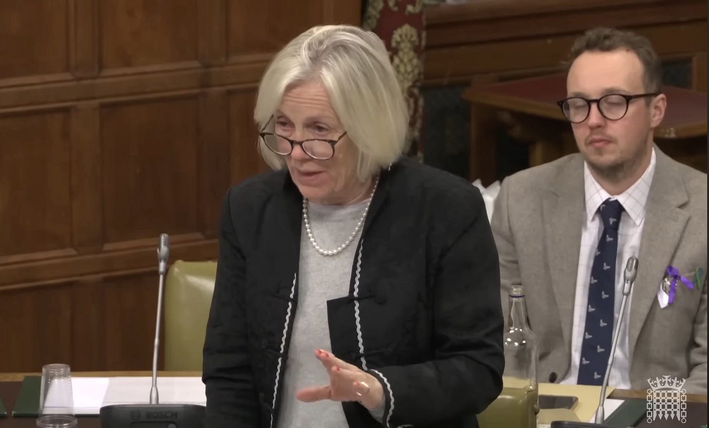 Photo shows Tessa Munt MP mid-speech, gesticulating with her left hand.