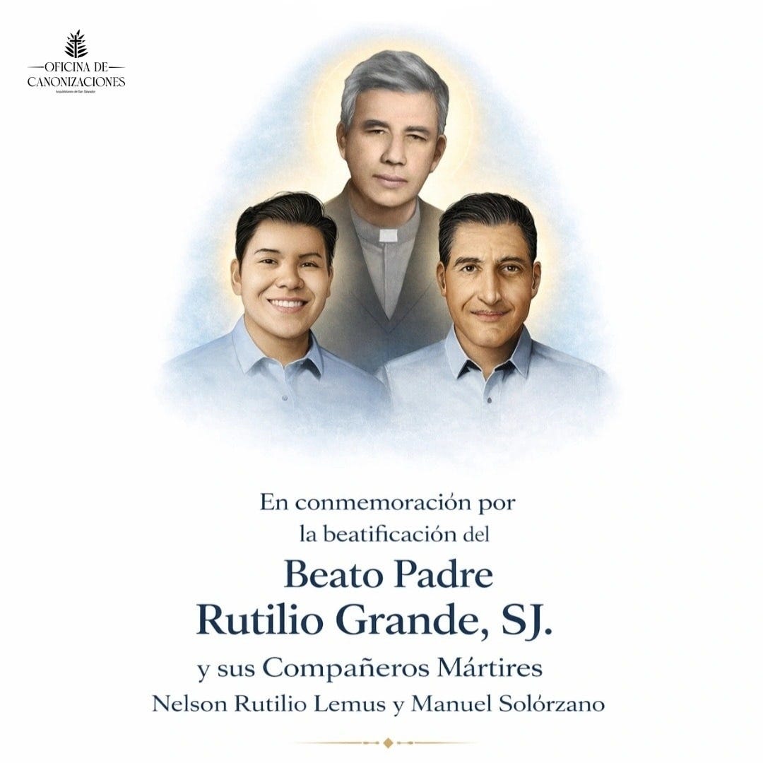 May be an image of text that says "CANONZICIONES -OFICINA OFICINADE- DE- CANONIZACIONES NC NES En conmemoración por la beatificación del Padre Rutilio Grande, SJ. y sus Compañeros Mártires Nelson Rutilio Lemus y Manuel Solórzano" May be an image of text that says "CANONZICIONES -OFICINA OFICINADE- DE- CANONIZACIONES NC NES En conmemoración por la beatificación del Padre Rutilio Grande, SJ. y sus Compañeros Mártires Nelson Rutilio Lemus y Manuel Solórzano"