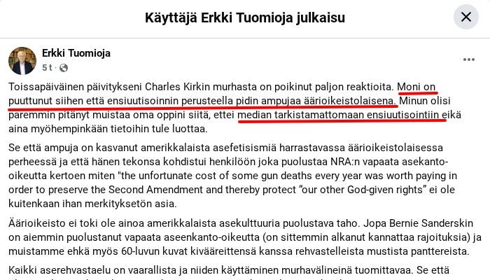 A screenshot of a Facebook post by Alaston totuus. The post includes text in Finnish discussing Erkki Tuomioja and media coverage. A profile picture of Erkki Tuomioja is visible on the left side.