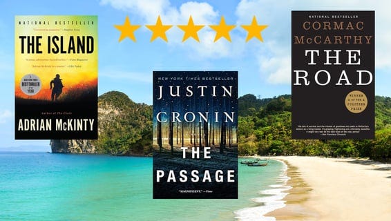 a beach with five books on the beach