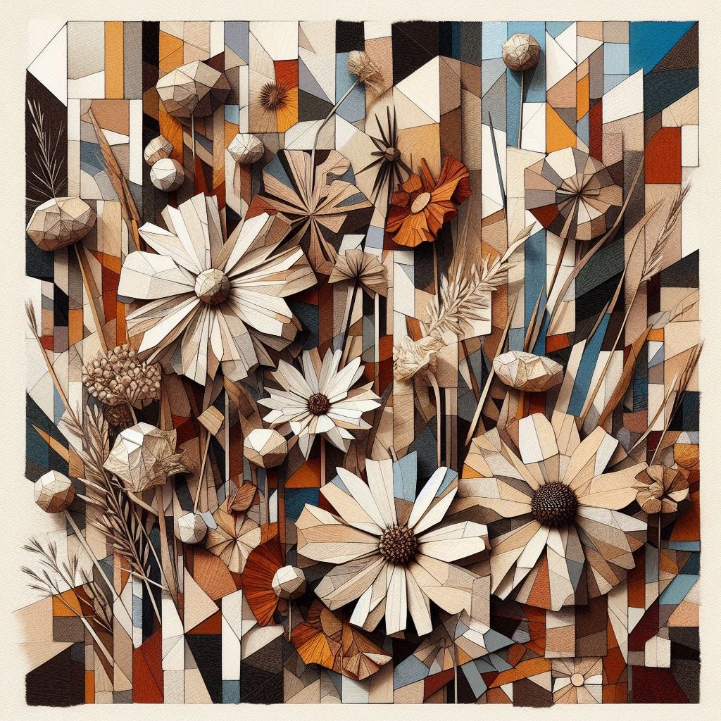 AI generated image of dried flowers in the style of an abstract or cubist collage