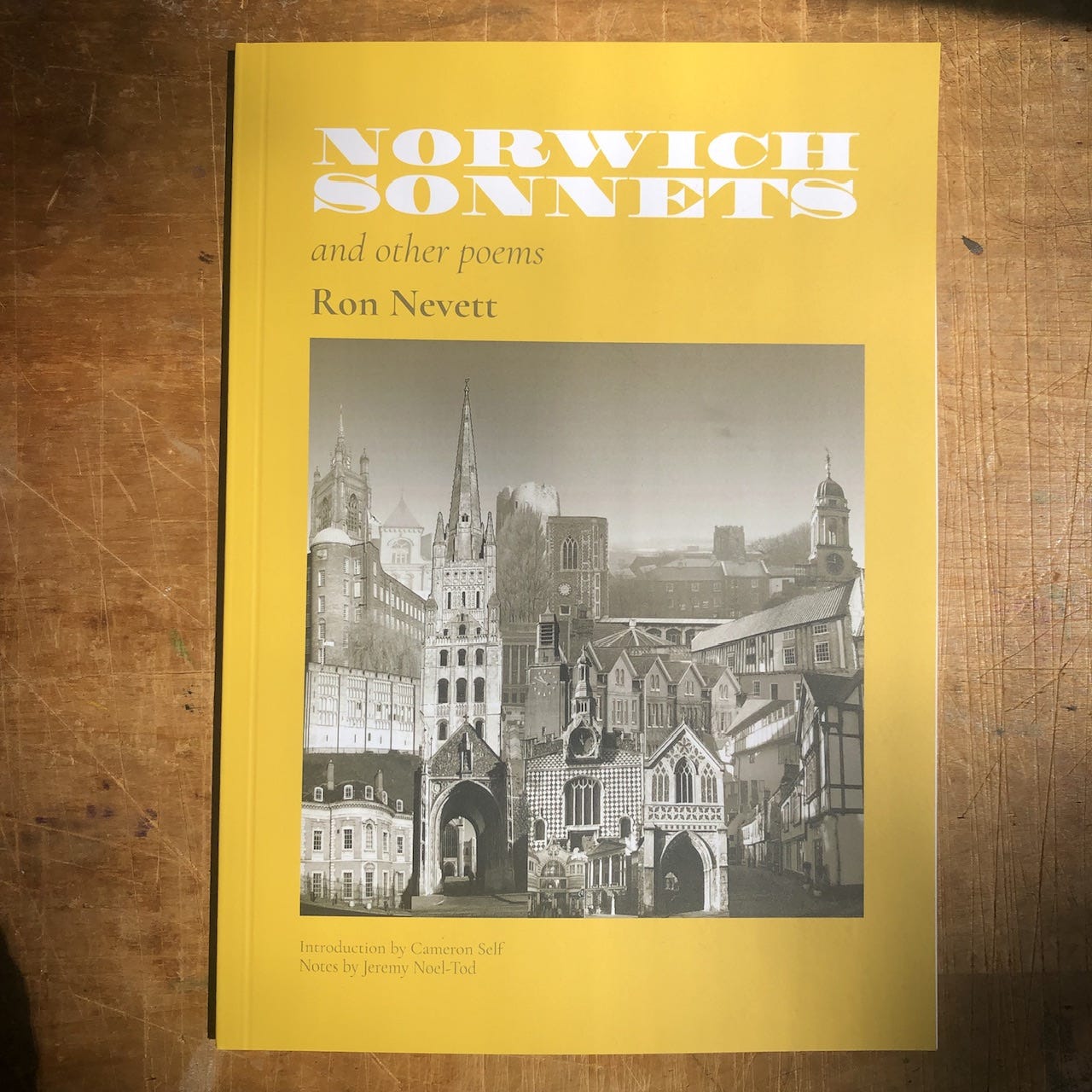 Norwich Sonnets front cover, with a black and white photographic montage of city buildings