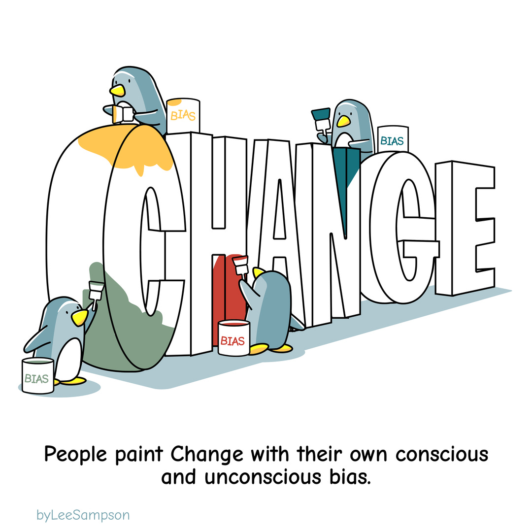 A leadership cartoon featuring penguins painting the word change with different colours by Lee Sampson