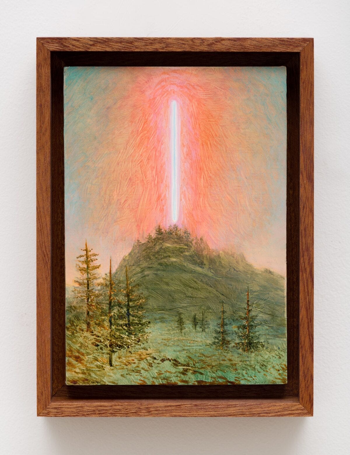 This image depicts an artwork by Angela Lane titled "Conduit (After C. S. L.)." This artwork was created in 2026 and measures Framed 6 ¹⁄₂" x 5" [HxW] (16.51 x 12.7 cm) Unframed 5 ³⁄₄" x 4" [HxW] (14.61 x 10.16 cm). Its medium is Oil on birch plywood.