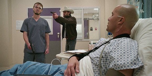 Walker Cordell holding gun on Cole who has gun with James hospital room. Walker Cordell holding gun on Cole who has gun with James hospital room.