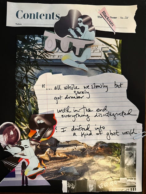 collage essay with words & images depicting a blackout experience, quoting Karl Ove Knausgaard