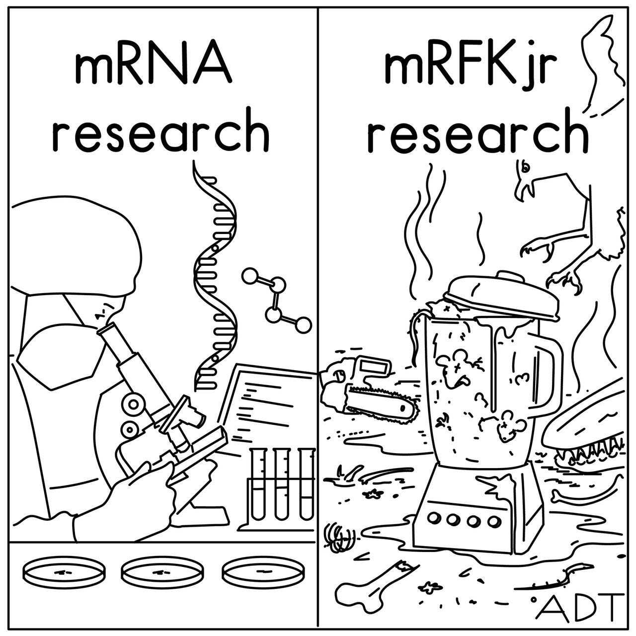 Under the banner “mRNA research” a scientist looks into a magnifier while under the banner “mRFKjr research” the...