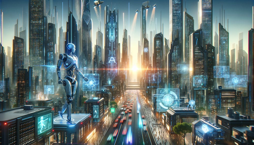 Gerado com DallE-3 A futuristic cityscape with towering skyscrapers and advanced technology, showcasing a world where ultra-intelligent machines coexist with humans