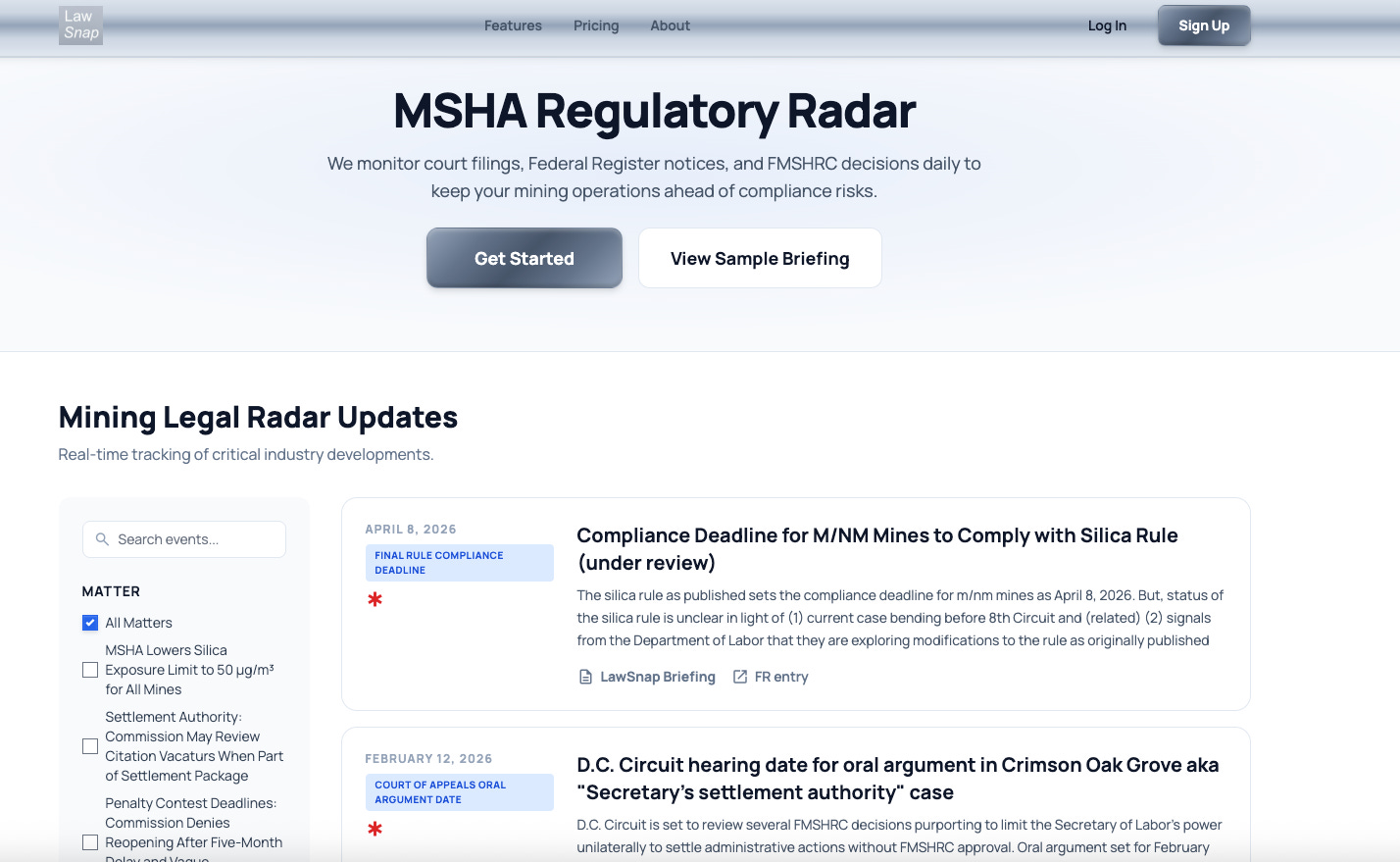 Screenshot of the LawSnap Regulatory Radar dashboard showing a filtered timeline of MSHA regulatory events with sidebar filters for matter, event type, and   priority level, and individual event cards linking to primary source documents.