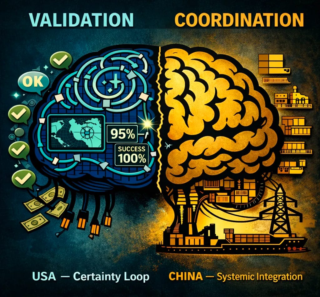 Illustration split into two halves. On the left, a blue brain labeled “Validation,” filled with check marks, screens, success percentages, banknotes, and circuits looping back on themselves, symbolizing US AI as a certainty loop. On the right, an ochre brain labeled “Coordination,” connected to factories, a port, power lines, and logistical networks, symbolizing Chinese AI as systemic integration into the material world.