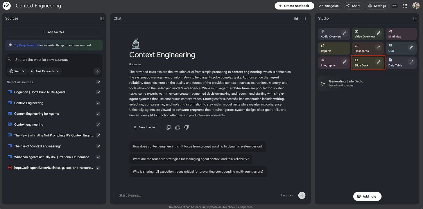 Screenshot of the Google NotebookLM interface showing a list of eight sources on the left and the "Slide Deck" button highlighted in the Studio panel on the right.