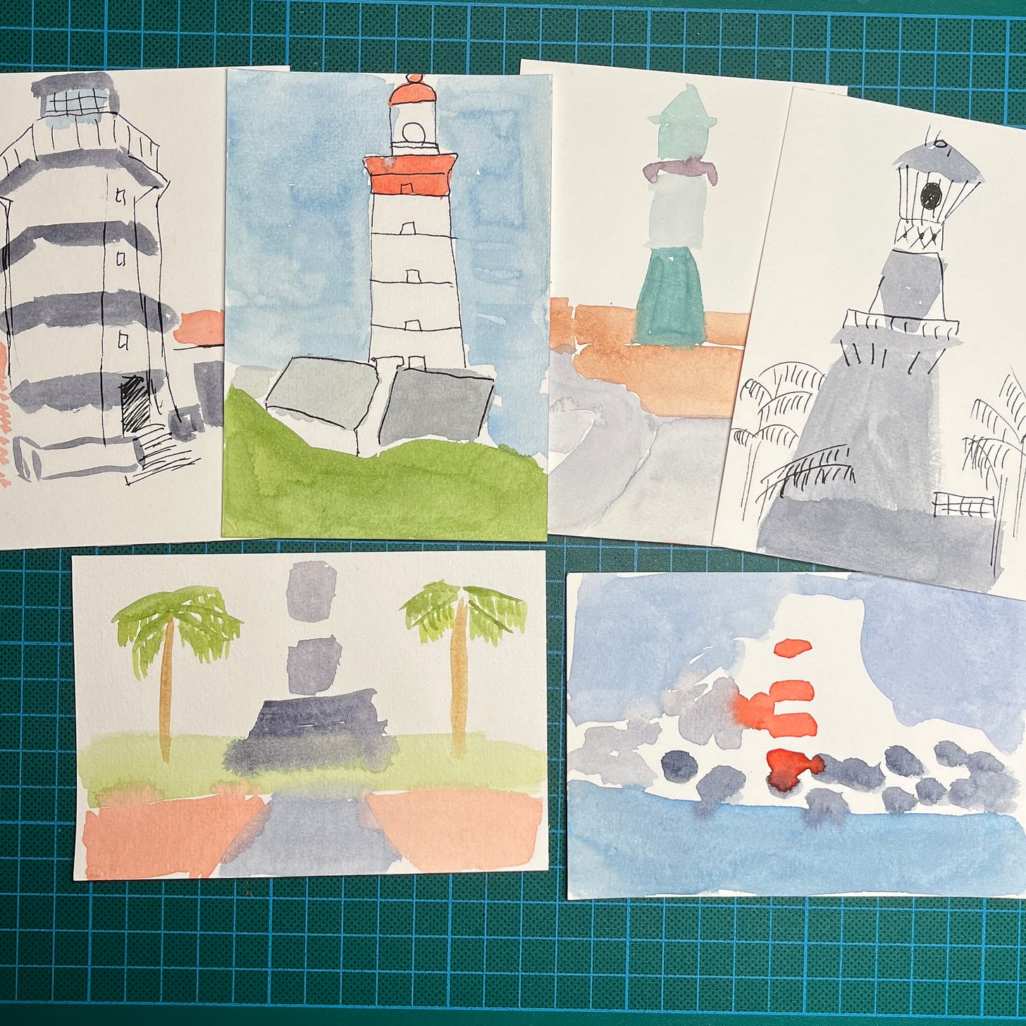 Photo des 6 morceaux de papier aquarelle sur lesquels j'ai peint des phares. Photo des 6 morceaux de papier aquarelle sur lesquels j'ai peint des phares.