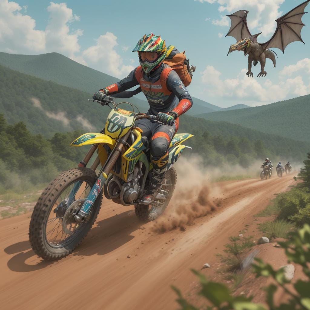 A rally race down the appalachian trail with dragons flying overhead and dirtbikes on trails A rally race down the appalachian trail with dragons flying overhead and dirtbikes on trails