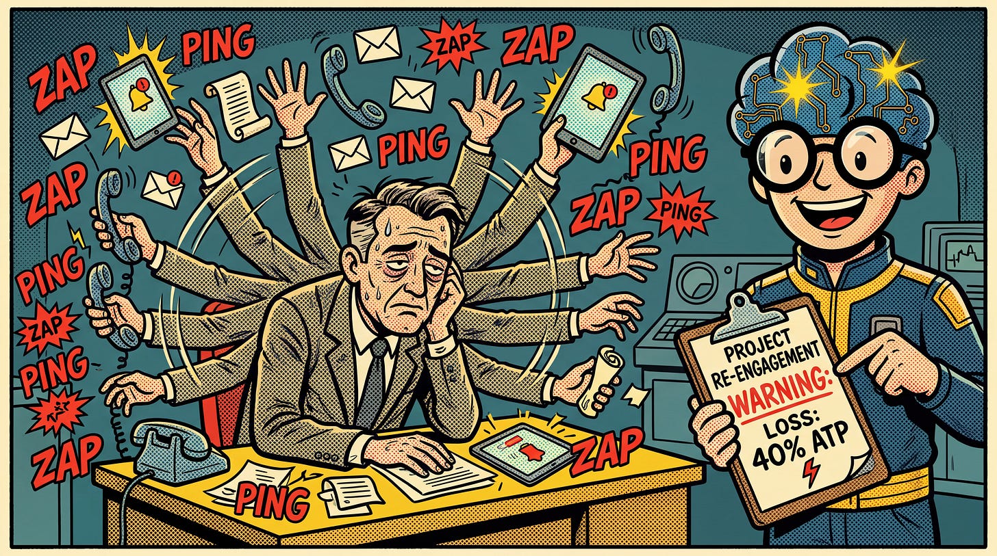 BD satirique montrant un manager submergé par les notifications (Dette de Process) sous le regard clinique du GMIND-BOY.