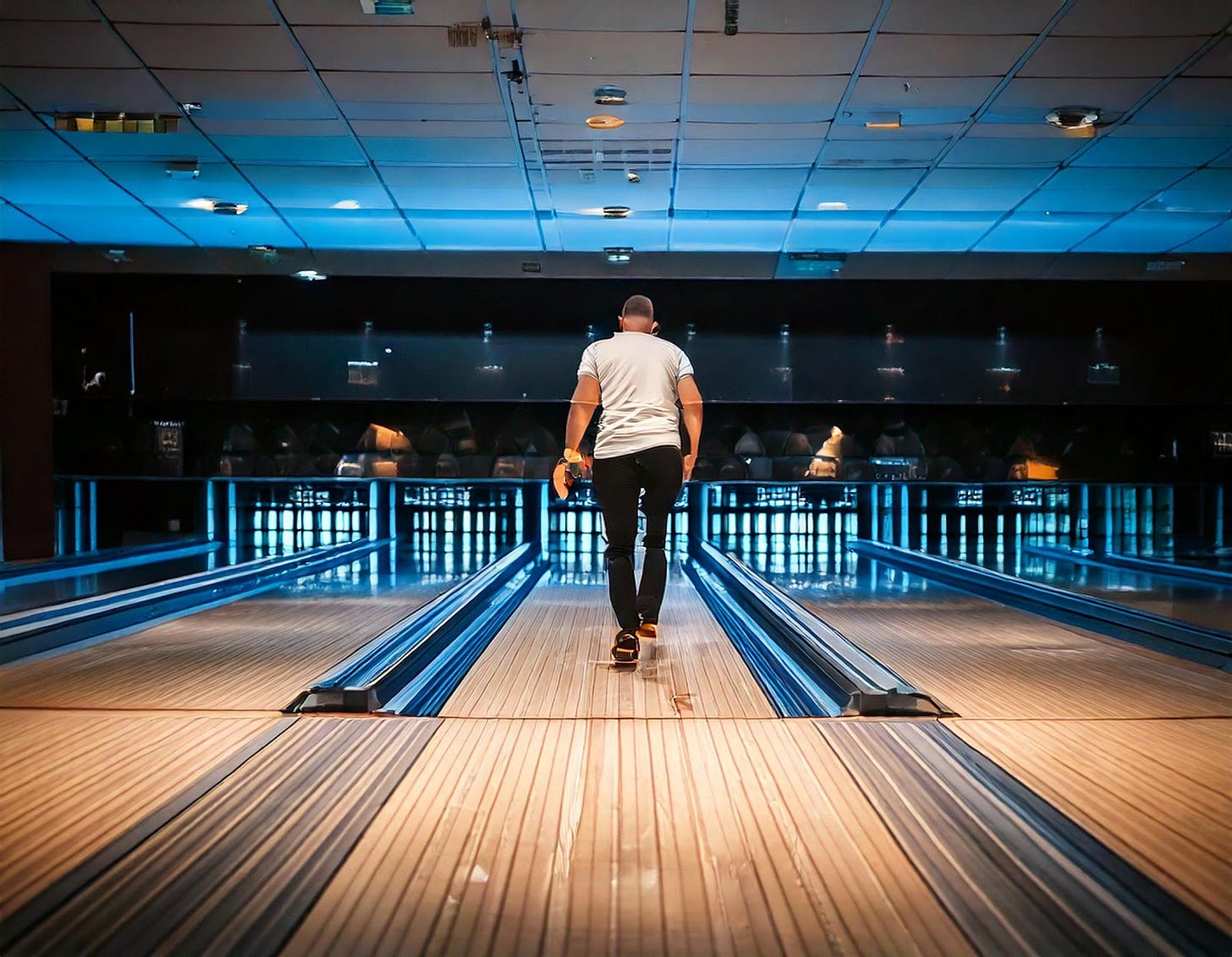 A person walking down a bowling alley

Description automatically generated