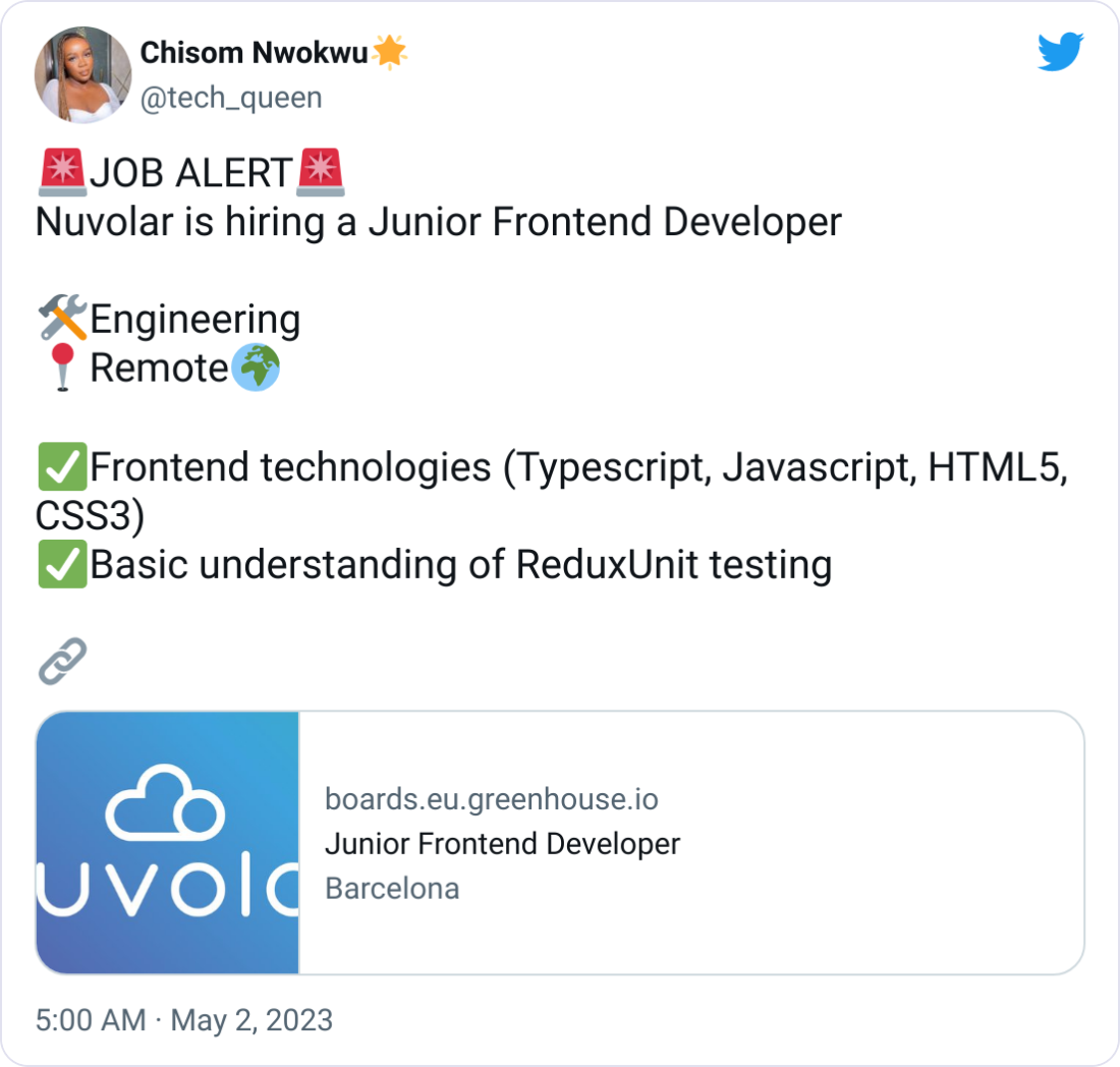 Chisom Nwokwu🌟 @tech_queen 🚨JOB ALERT🚨 Nuvolar is hiring a Junior Frontend Developer 🛠️Engineering 📍Remote🌍 ✅Frontend technologies (Typescript, Javascript, HTML5, CSS3) ✅Basic understanding of ReduxUnit testing 🔗 Chisom Nwokwu🌟 @tech_queen 🚨JOB ALERT🚨 Nuvolar is hiring a Junior Frontend Developer 🛠️Engineering 📍Remote🌍 ✅Frontend technologies (Typescript, Javascript, HTML5, CSS3) ✅Basic understanding of ReduxUnit testing 🔗