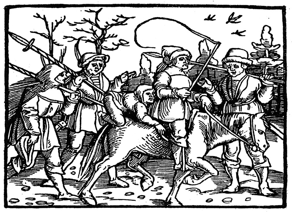 1515 chapbook illustration of a young Eulenspiegel baring his backside on a horse