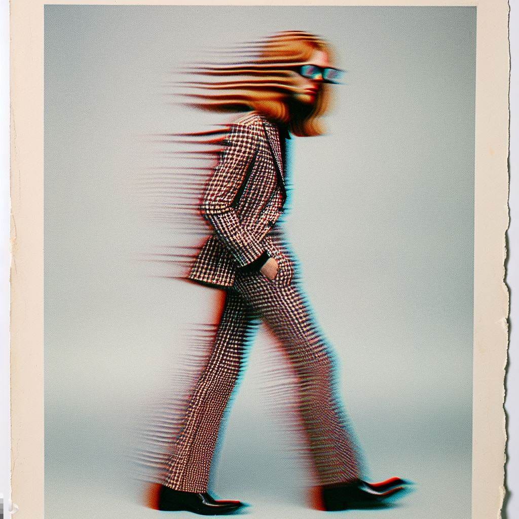 a moire chryselephantine hallucinatory photograph of a photocopy of a minimalist chic 1970s take on late 20s deco fashion illustration of a thin and lithely muscular red-blonde long-haired man gaussian distorted blurred face with psychic twin movie star sunglasses angular jawline wearing futuristic but elegant peak lapel exploded houndstooth check suit and italian patent leather loafers, the image has been mimeographed 100x and has taken on a hazy psychedelic surrealistic air