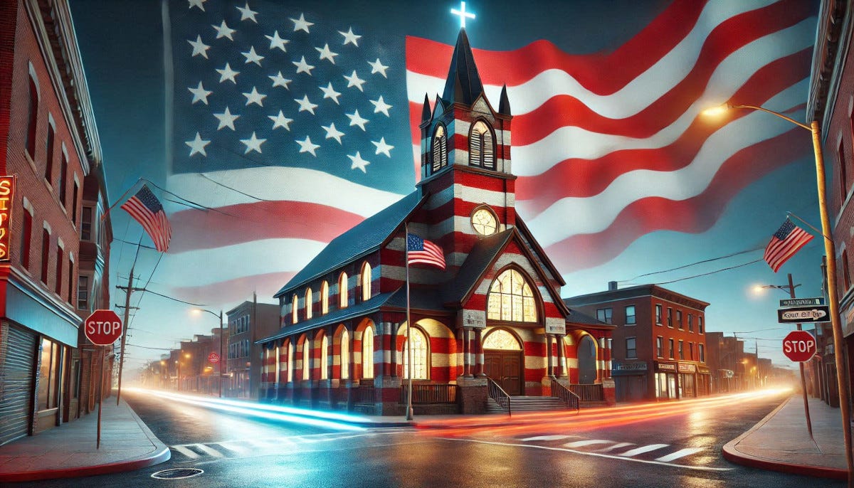 Red, white and blue church with various U.S. flags.