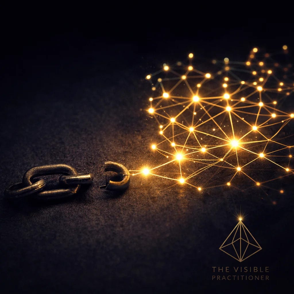 The Visible Practitioner educational post for January 2026. Broken chain links beside glowing AI network nodes representing the shift from backlink-based SEO to presence-based GEO strategy for practitioner visibility.
