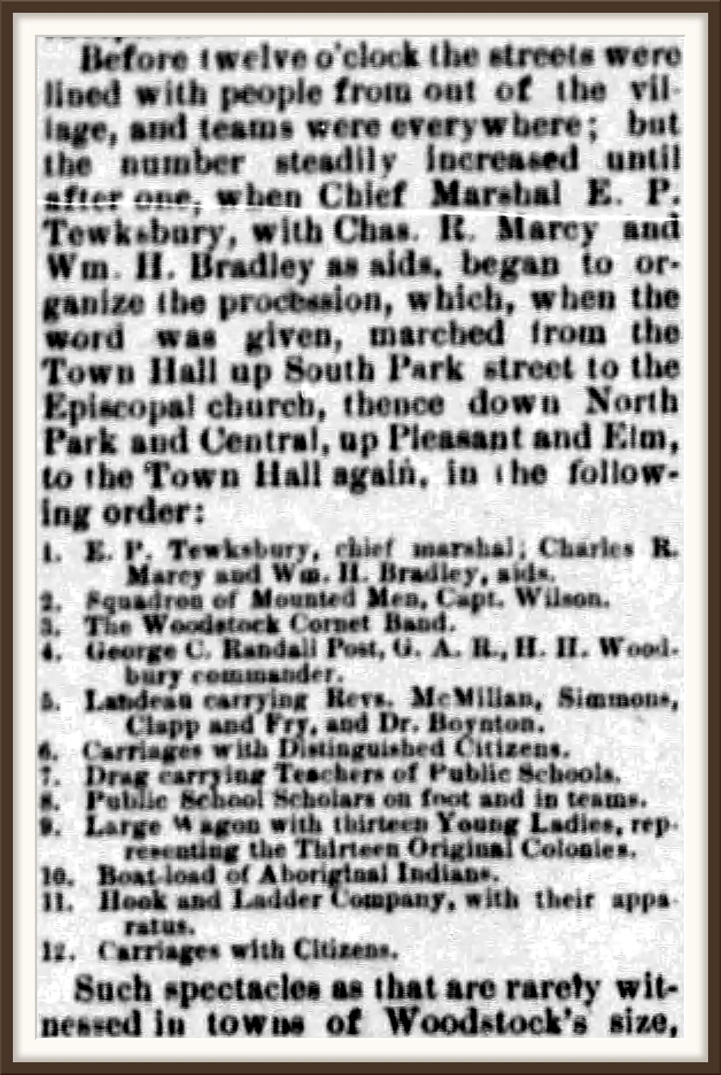 The order of march for the Woodstock Columbus Day parade, numbered 1 to 12, as printed in the Vermont Standard, October 27, 1892