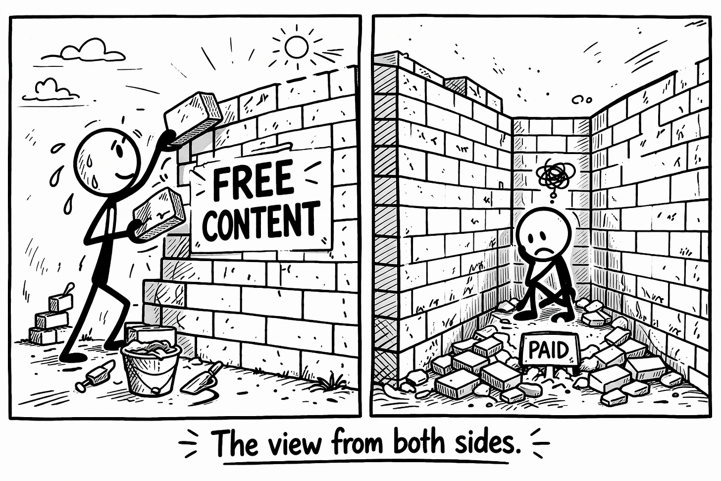 A two-panel stick figure cartoon showing a creator enthusiastically building a wall of free content from the outside while the same creator stands trapped behind the wall on the inside, with a small "Paid" sign buried in rubble at their feet, captioned "The view from both sides." A two-panel stick figure cartoon showing a creator enthusiastically building a wall of free content from the outside while the same creator stands trapped behind the wall on the inside, with a small "Paid" sign buried in rubble at their feet, captioned "The view from both sides."