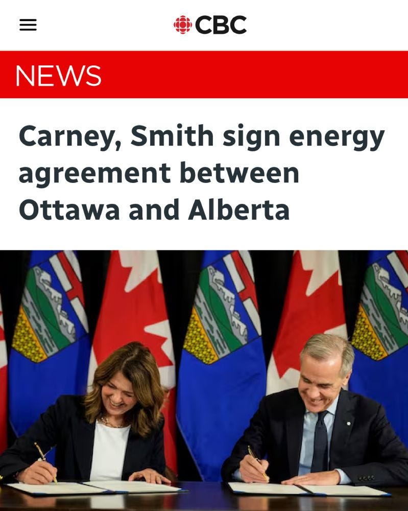 CBC headline that reads: Carney, Smith sign energy agreement between Ottawa and Alberta