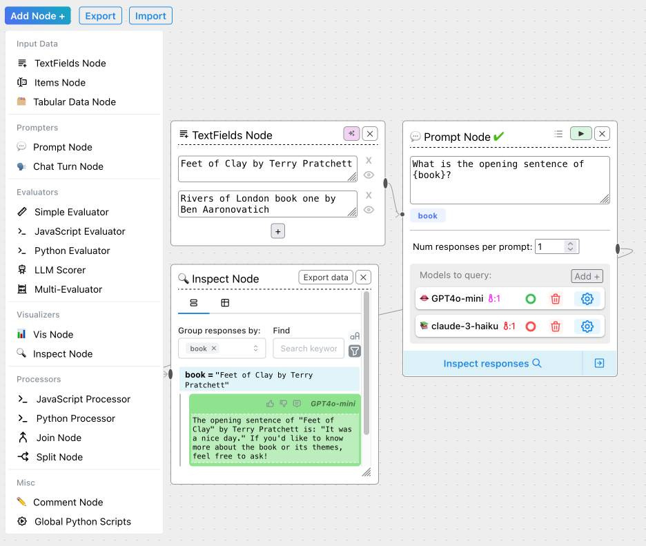 Left sidebar shows available nodes including TextFields Node, Prompt Node, and various evaluators. Main area shows connected nodes with input fields for Feet of Clay by Terry Pratchett and Rivers of London book one by Ben Aaronovitch, along with an Inspect Node displaying GPT4-mini's response about the opening sentence of Feet of Clay. A Prompt Node on the right queries What is the opening sentence of {book}? with options to query GPT4o-mini and claude-3-haiku models.