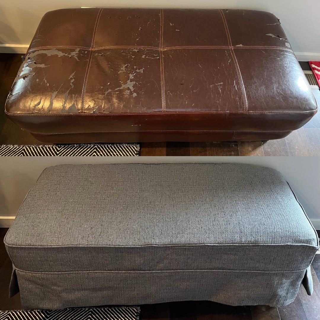 two top views of an ottoman one with brown peeling pleather and the other with a heather gray piped slipcover with skirt