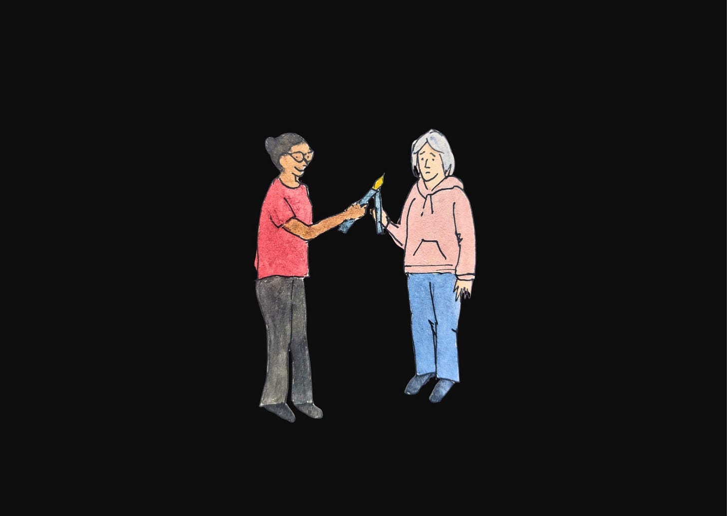 A hand-drawn illustration of two people standing facing each other against a black background. One person, wearing a red shirt and dark trousers, is holding a lit candle and gently lighting the unlit candle held by the other person, who is wearing a pink hoodie and blue jeans. The image represents sharing light, kindness, and hope.