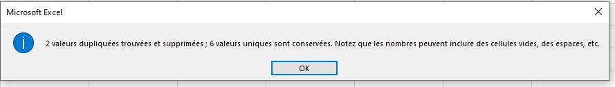 pop-up après suppression des doublons dans Excel