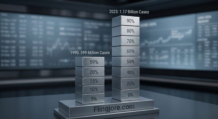 An editorial infographic displaying a vertical bar chart and data visualizations that compare the 1990 global mental health case count against the 2023 surge, emphasizing the 95.5% increase and the $1 trillion annual global economic impact.