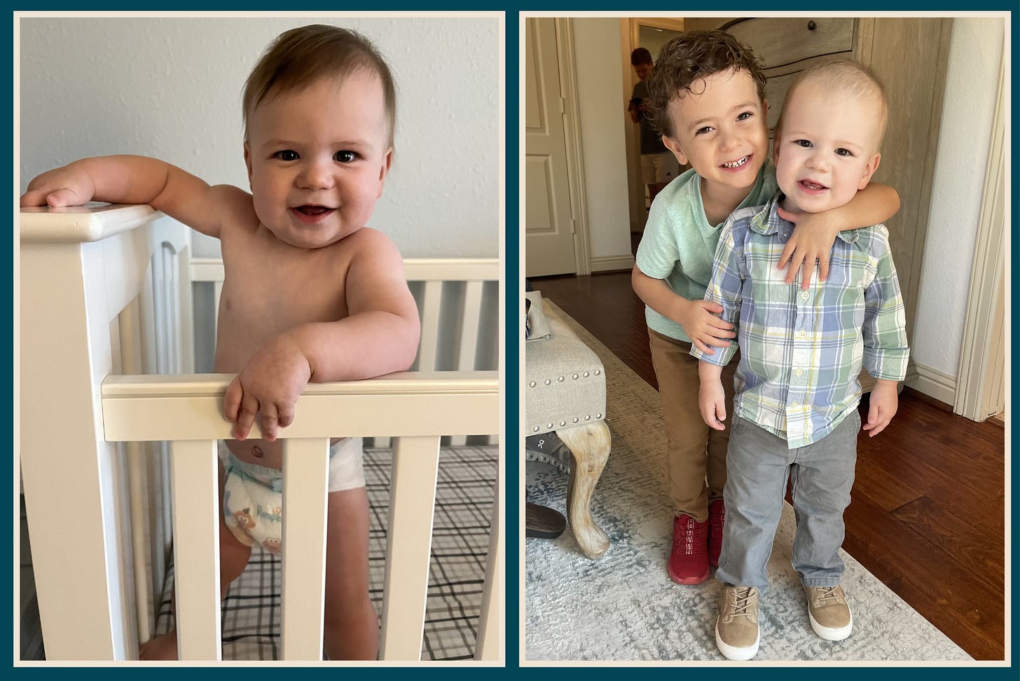 two images. The one on the left of a baby standing in his crib, and on the right of two brothers embracing. two images. The one on the left of a baby standing in his crib, and on the right of two brothers embracing.