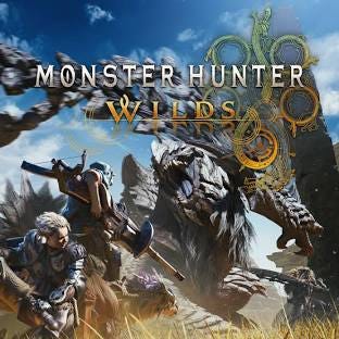 title card for Monster Hunter Wilds showing the title + Olivia and the Hunter fighting Arkveld