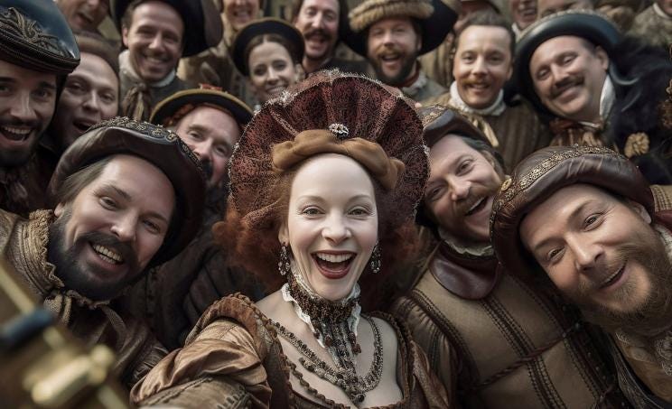 A computer-generated Queen Elizabeth I smiles for a selfie, thanks to Duncan Thomsen's commands.