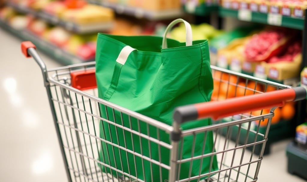 A grocery cart in a grocery store with a green bag inside it. Against a background of fruits and vegetables. 