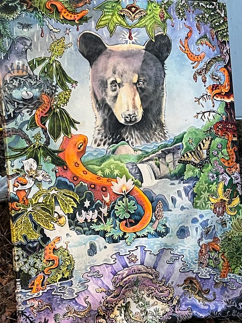 First image is a picture of an upright painted bat with pink ears hanging on a tree, second image is the entry way to the Batland Exhibit + Save the Woods party, next is a painted sign on fabric that reads KEEP ASHEVILLE GREEN, fourth is an image of the Batland Exhibit sign with Spencer Beals, my daughter, and me, fifth is a close up of the Batland Exhibit sign which is a map of the woods showing where the bats are placed- sixth is an image of a party goer with large homemade see- through bat wings posing in front of the sign, sevent is a home made painted sign that reads 'Chancellor to Helene "Hold My Beer! Watch Me Take All the Trees!" eight is an image of Spencer's painting titled "Eyes of Appalachia" and finally we have a hand made carrier pigion on a tree as part of the exhibit.