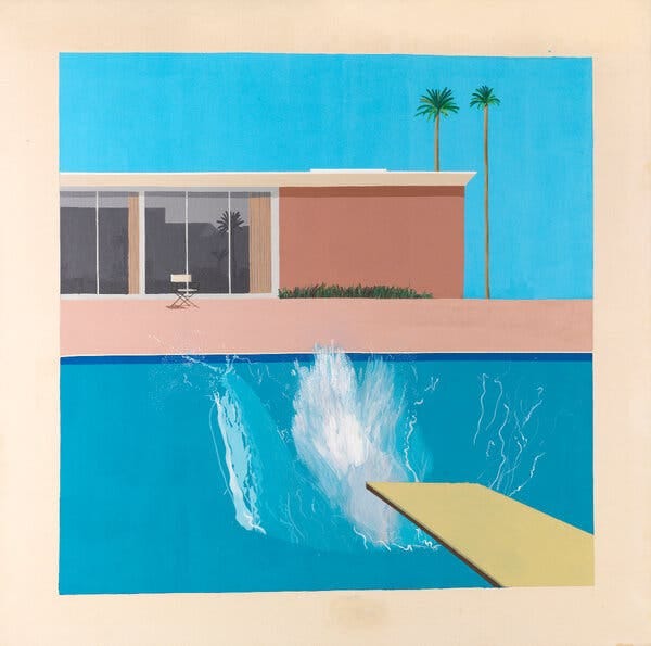 A painting of blue water in a swimming pool and a splash near the diving board. A quintessential Southern California house with glass windows is in the background.