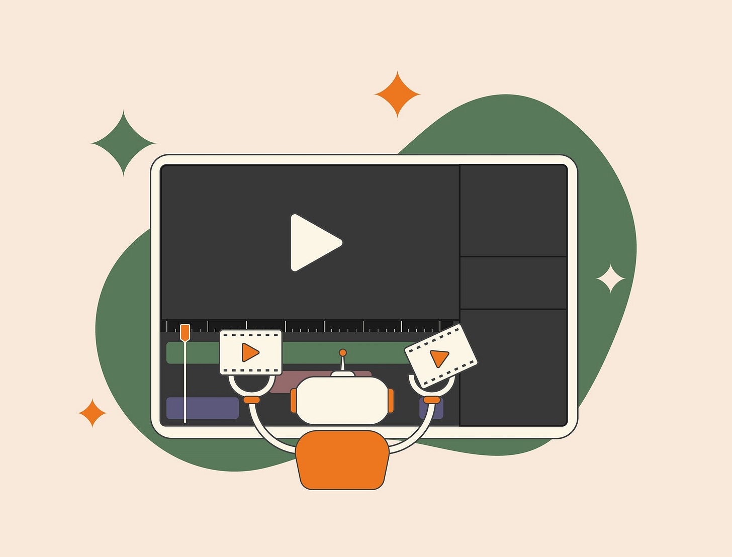 A robot moving around video clips in a stylized illustration