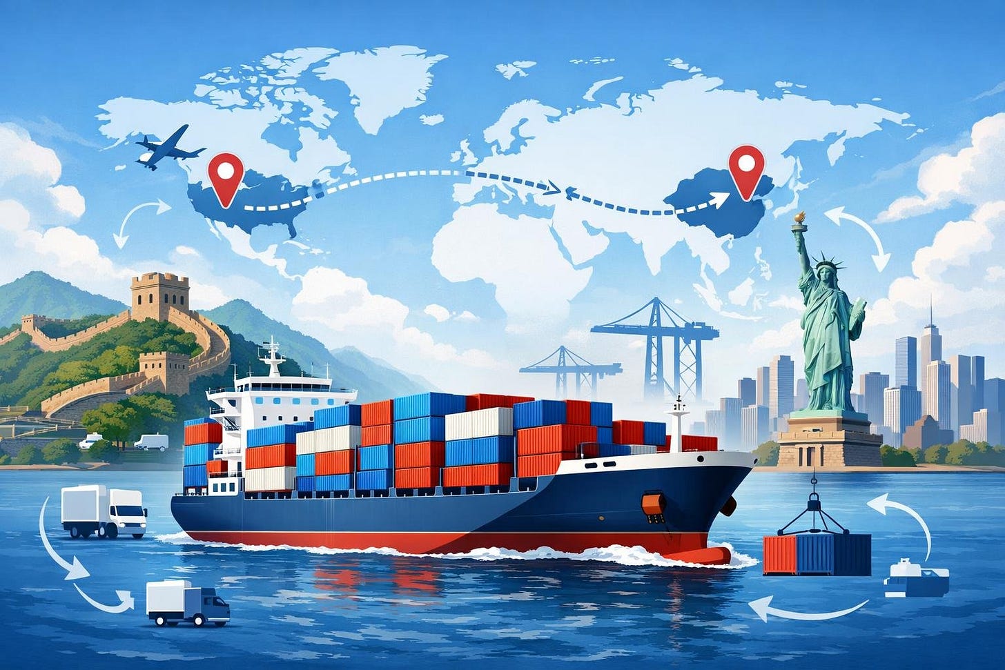 A cargo ship sailing between the Great Wall of China and the Statue of Liberty with a map showing the shipping route between China and the USA.